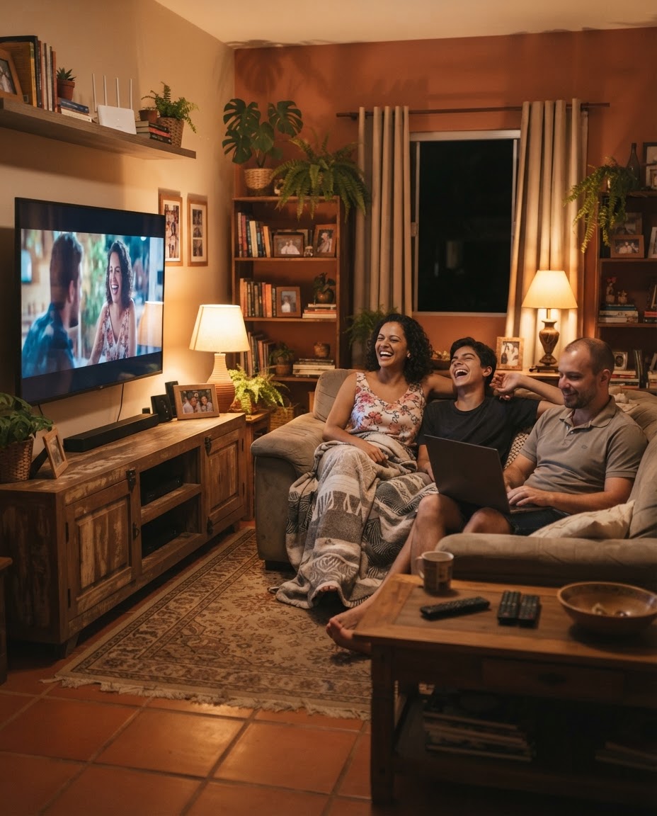 Família usando a internet fibra da Fullnet